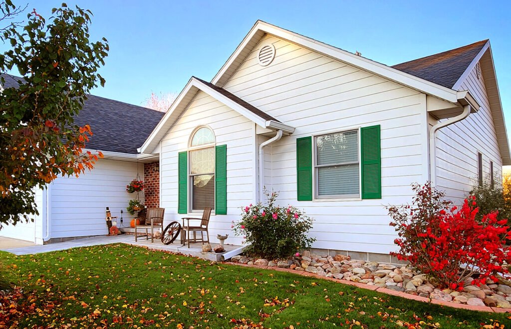 white house with green shutters